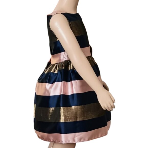 Girl's Navy Stripe Dress 4T Gold Metallic Sleeveless Special Occasion Fully Line - Picture 3 of 7